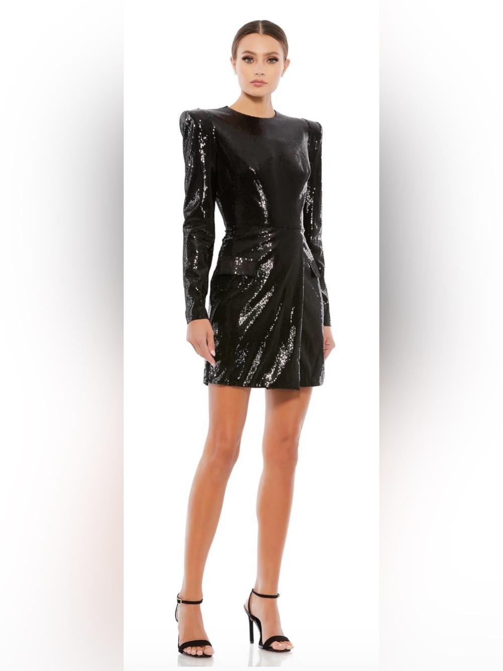 NWOT Mac Duggal Black Sequin Mini Dress with Structured Shoulders